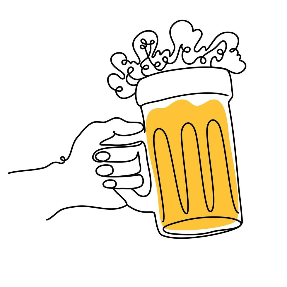 mão segurando uma caneca de cerveja. cerveja artesanal de álcool em estilo linear simples para o conceito de bar e pub para o menu. equipamento da oktoberfest. desenho contínuo de uma linha de copo de cerveja com espuma. vetor