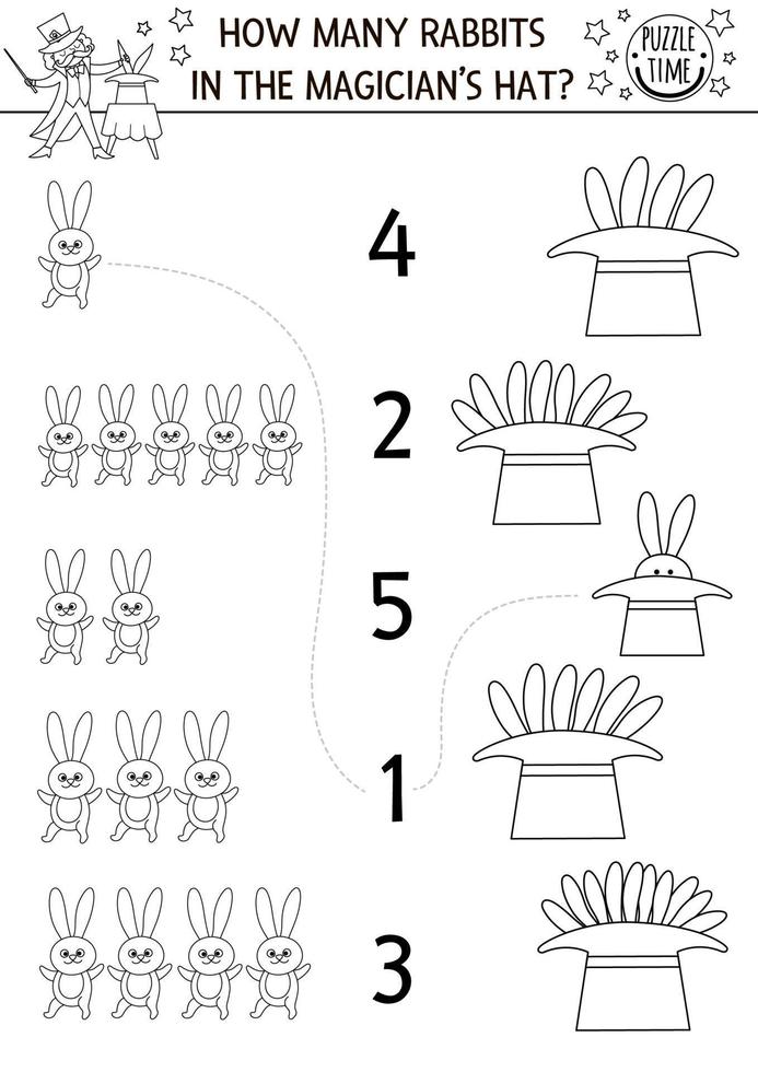 combine os números do jogo de circo preto e branco com chapéu mágico e coelhos. atividade de matemática de linha de show de diversões para crianças pré-escolares. contagem educacional do festival ou página para colorir vetor