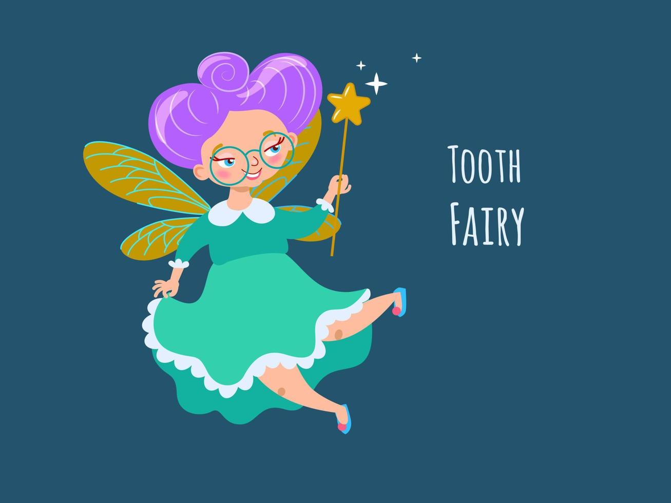 linda fada do dente com varinha mágica, fada de óculos com cabelo roxo, personagem de desenho animado de vestido verde com ilustração vetorial de asas vetor