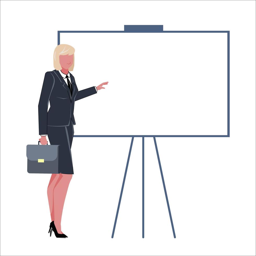 uma mulher de negócios em um terno de negócios com uma maleta fica ao lado de um quadro-negro vazio. modelo para inscrições. ilustração em vetor plana.