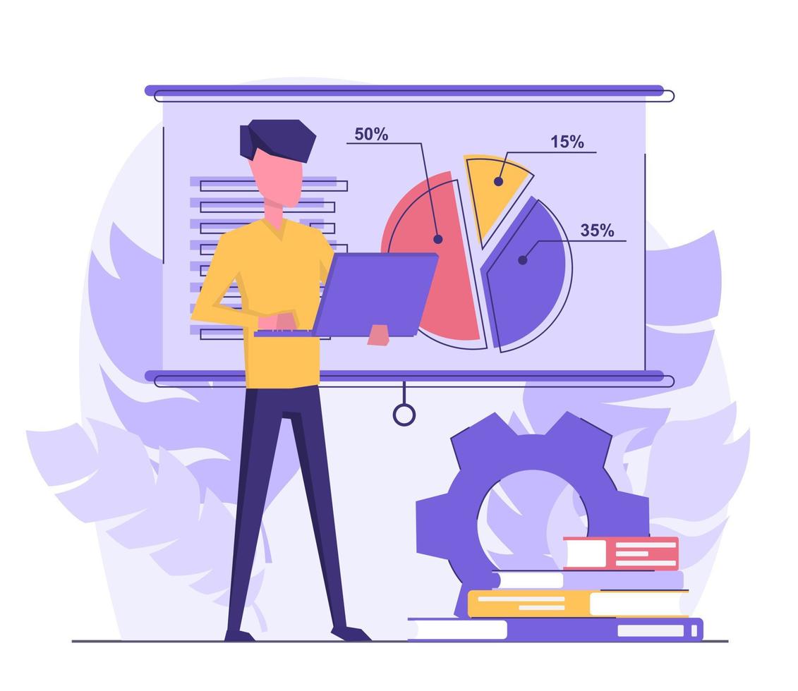 Analise financeira. empresário faz análises de negócios em um gráfico, com livros e um pinhão ao lado vetor