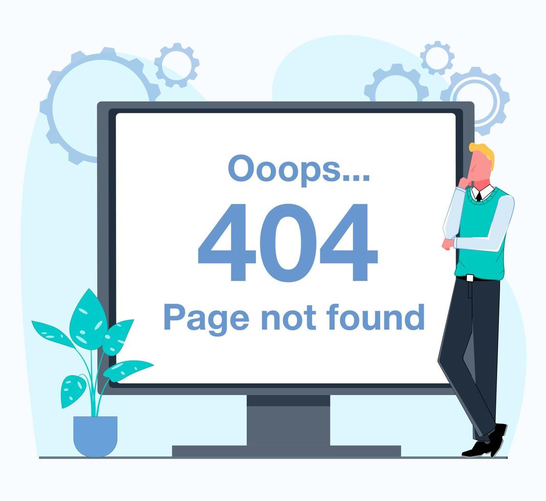 um erro 404 não encontrado. um homem fica ao lado de um monitor que mostra um erro 404. ilustração em vetor plana.