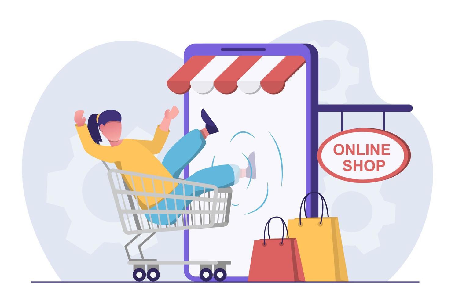 compras online. uma mulher em um carrinho de compras entra em uma loja online em seu smartphone vetor