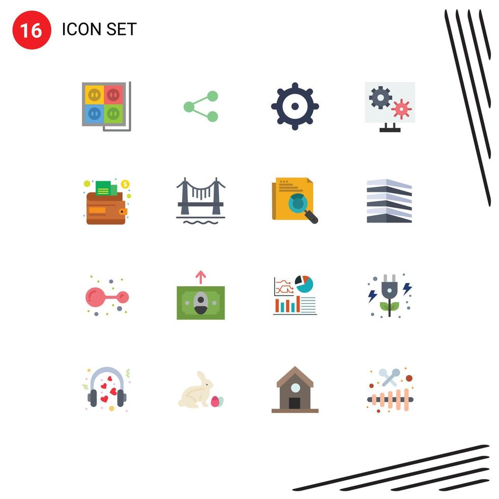 conjunto de pictogramas de 16 cores planas simples de configuração de dinheiro, compartilhamento de equipamento de tela, pacote editável de elementos de design de vetores criativos