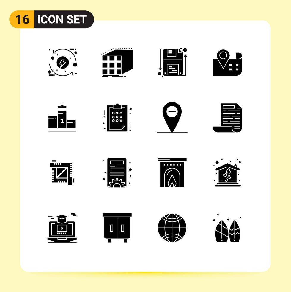 conjunto de glifos sólidos de interface móvel de 16 pictogramas de mapa dimensional de navegação de pedestal salvar elementos de design de vetores editáveis