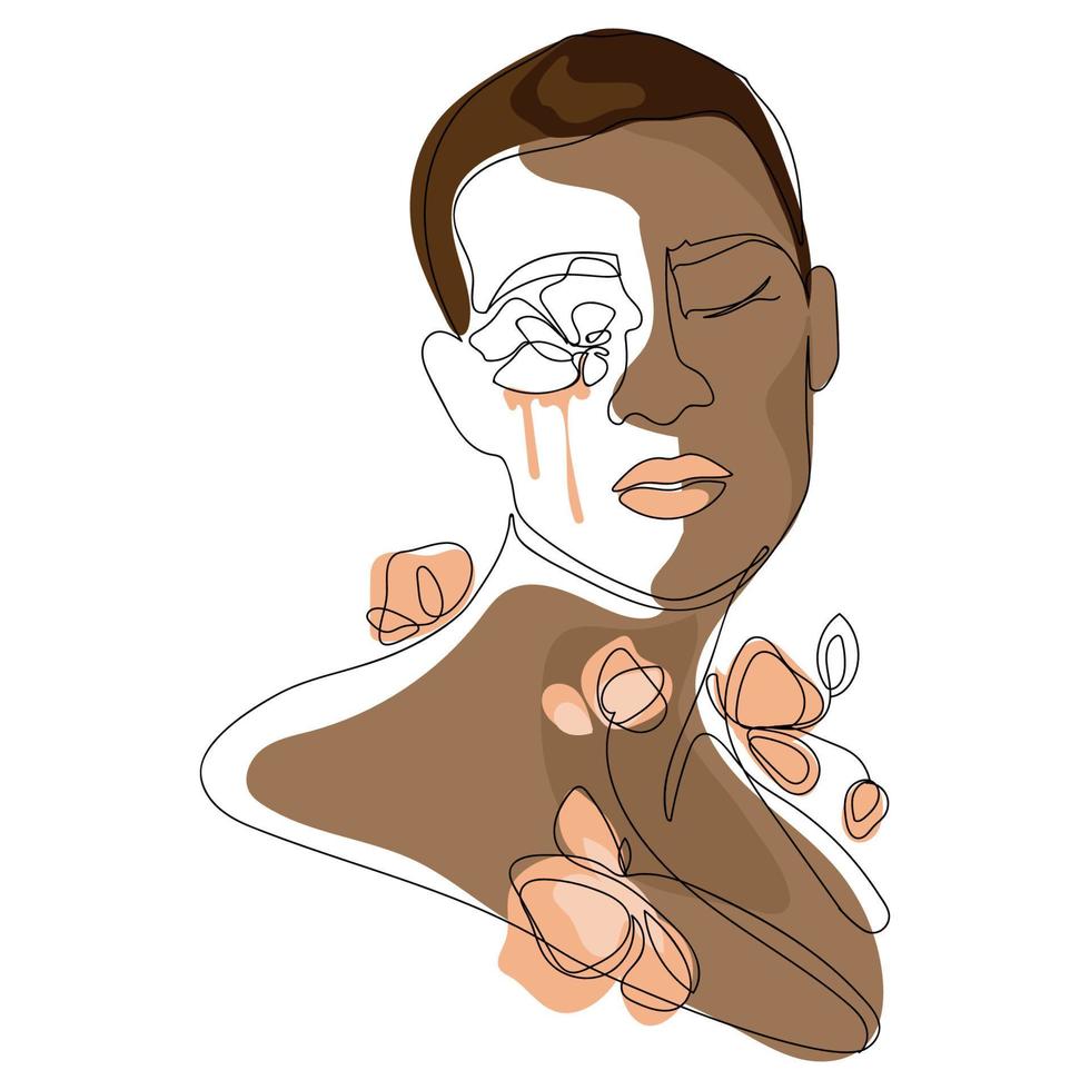 retrato abstrato homem de pele negra, cara com flores perto do rosto, ilustração isolada do vetor de desenho de uma linha homem afro-americano enfrenta design de forro de arte mínima, pôster, impressão de moda, beleza masculina