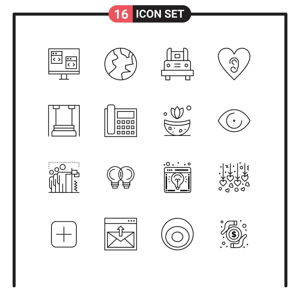 conjunto de pictogramas de 16 contornos simples de elementos de design de vetores editáveis de viagem de ônibus de amor de infância
