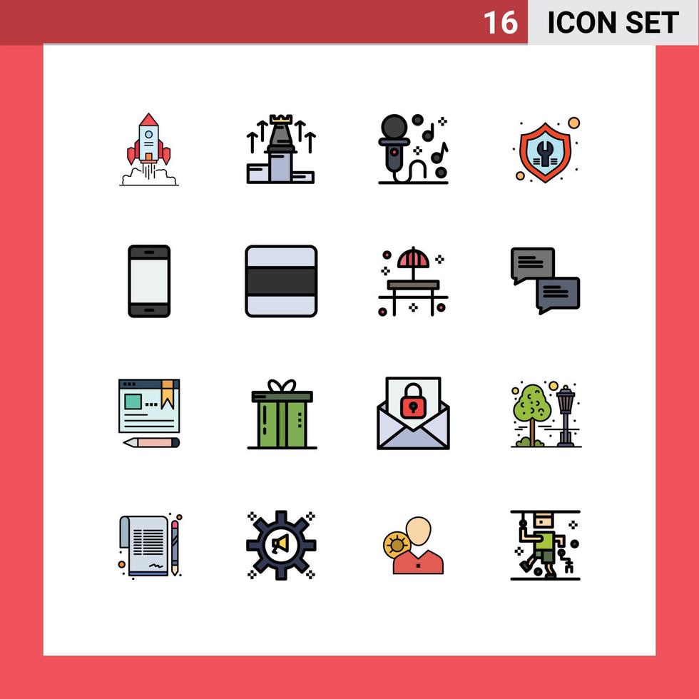 pacote de linha cheia de cores planas de 16 símbolos universais de configurações de reparo, xadrez, correção de música, elementos de design de vetores criativos editáveis