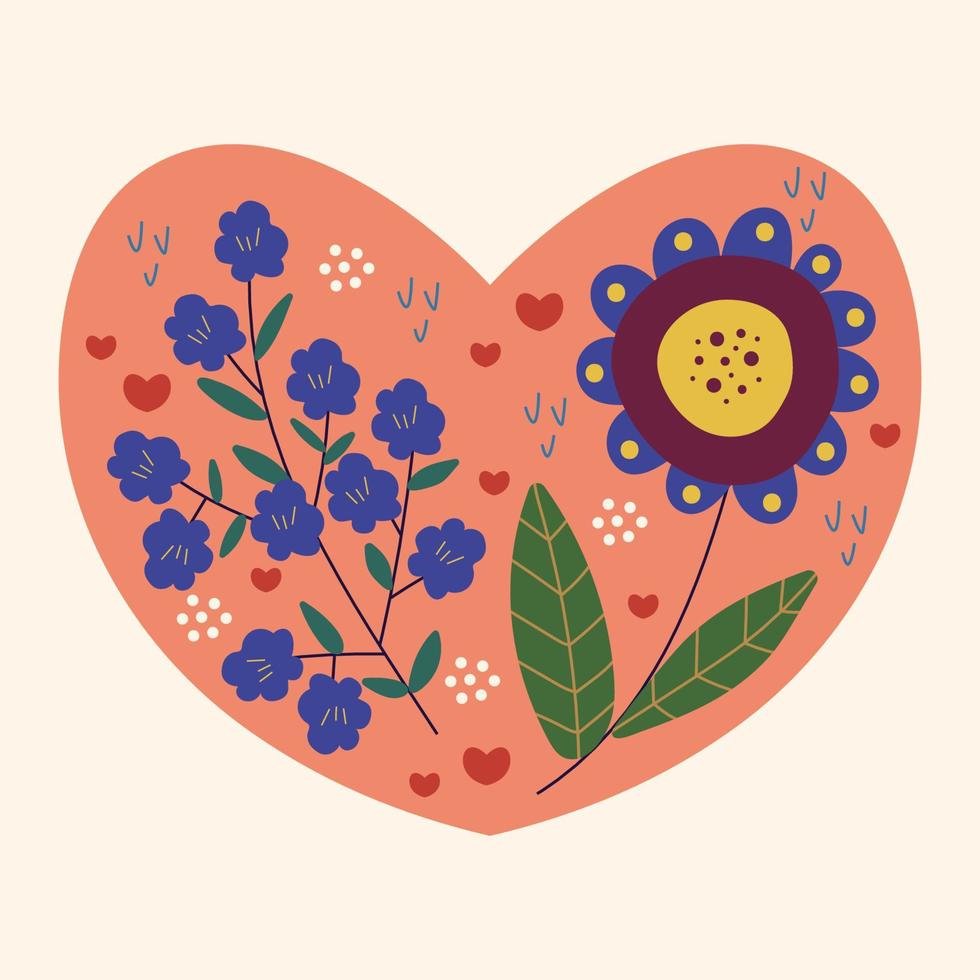 cartão de feliz dia dos namorados, convites, declaração de amor. modelo quadrado com flores no coração, corações, pontos. ilustração vetorial. vetor