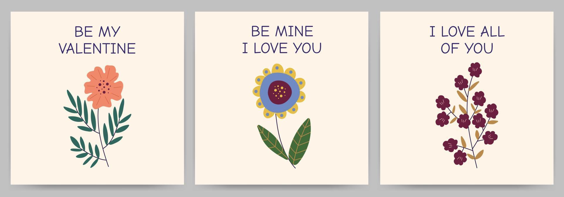 conjunto de cartões feliz dia dos namorados, convites, declaração de amor. modelos quadrados com flores e texto. ilustração vetorial em um fundo claro. vetor