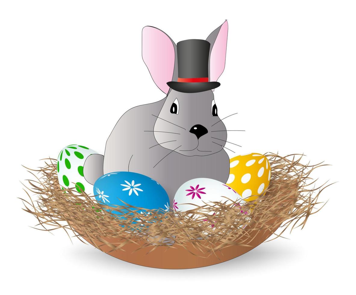 coelhinho da páscoa dos desenhos animados em um chapéu alto senta-se em um ninho com ovos de páscoa em um fundo branco. vetor. vetor