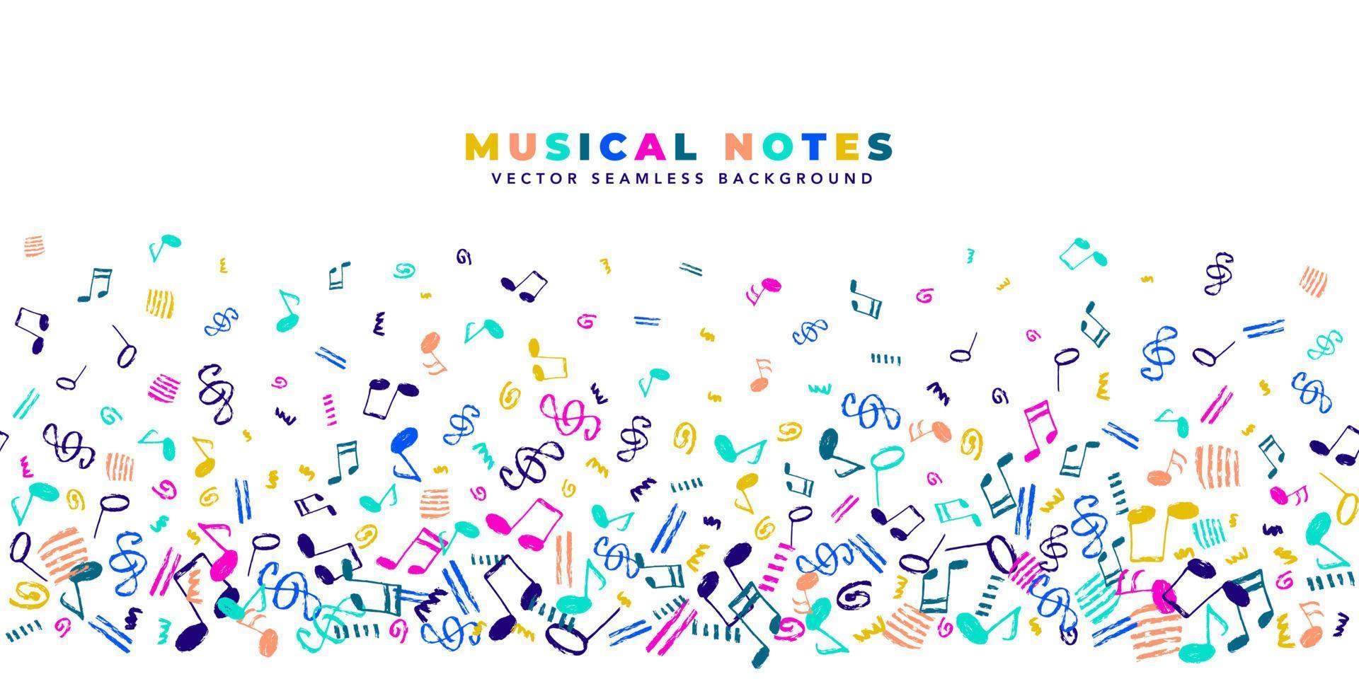 notas musicais vector fundo sem emenda. modelo horizontal com espaço de cópia e padrão de borda de elementos musicais coloridos desenhados à mão.