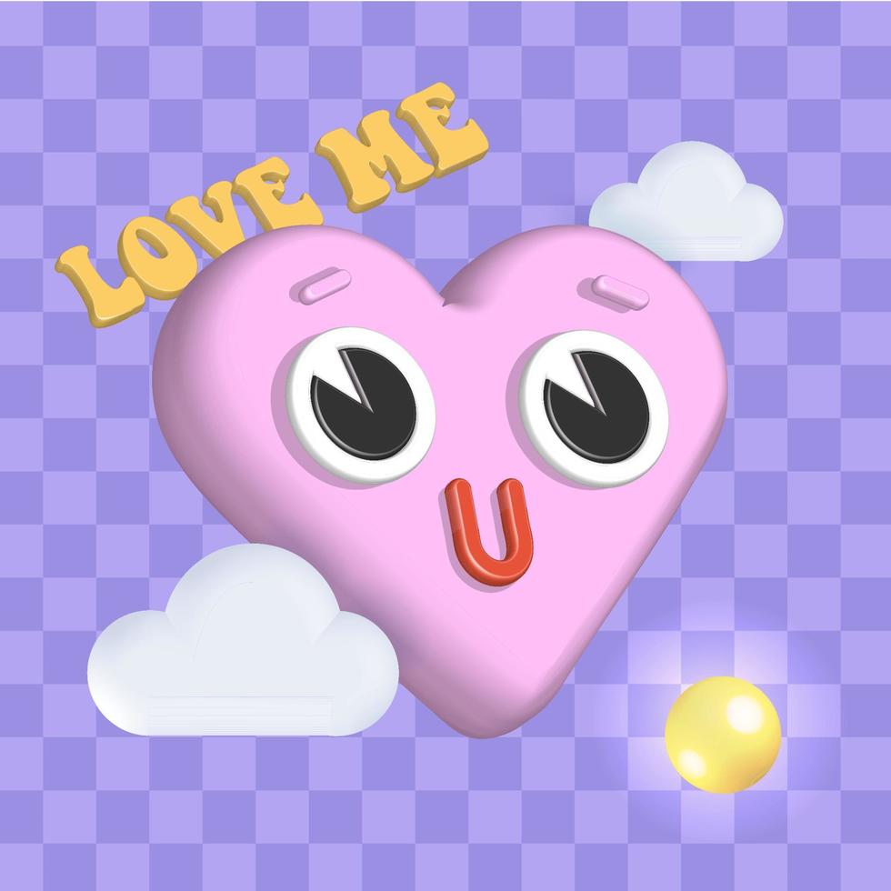 3d renderização groovy adorável coração personagem voando entre nuvens no cartão quadriculado. mascote de amor retrô estranho. feliz Dia dos namorados. ilustração em vetor render. me ame texto.