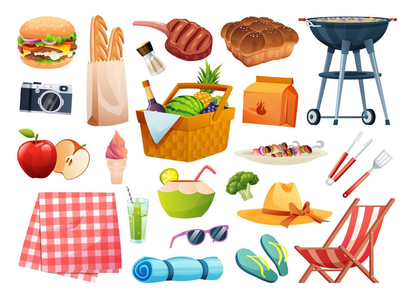 conjunto de elementos de piquenique. cesta com comida, bebida, frutas, ilustração vetorial de equipamento para grelhar vetor