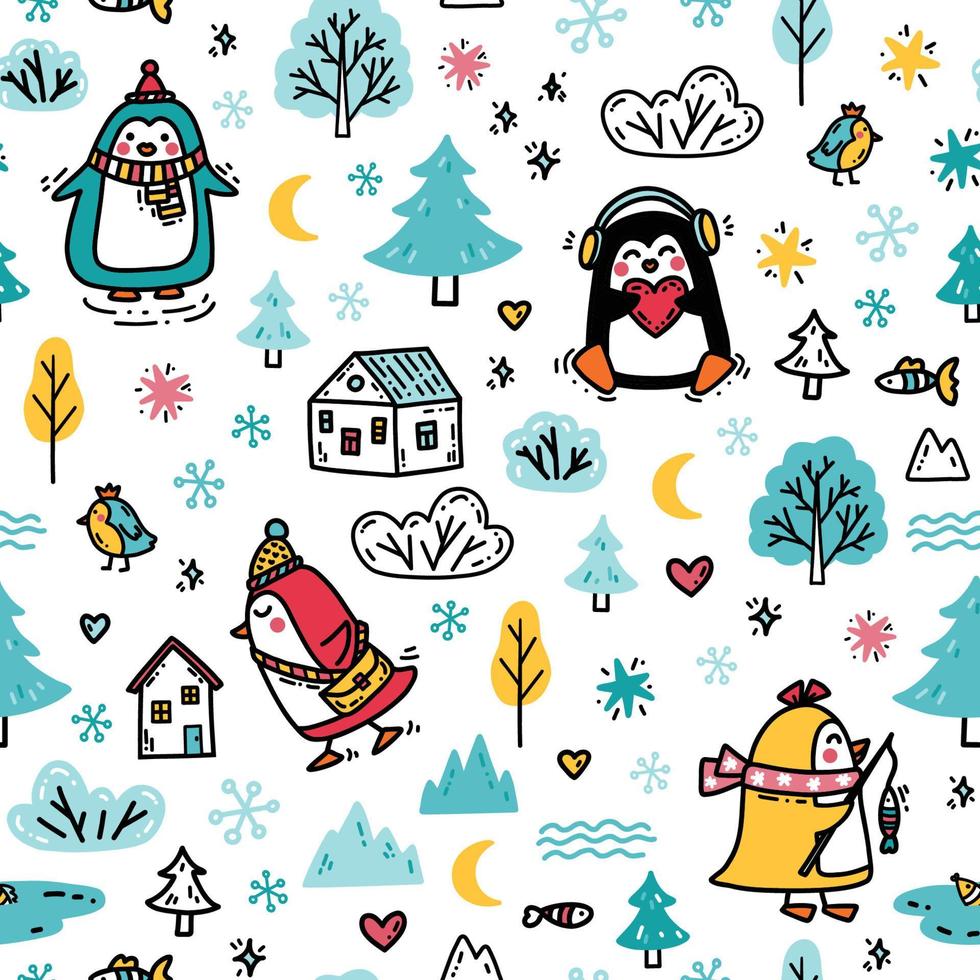 lindo padrão de inverno perfeito com pinguins engraçados vetor