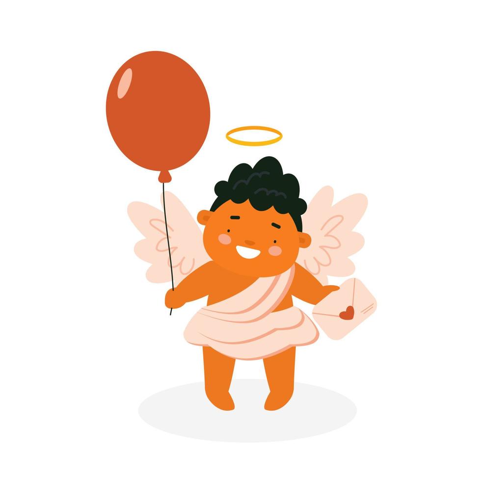 Cupido bebê fofo com carta e balão. personagem de anjo bebê isolado no fundo branco. ilustração vetorial para st. cartão de dia dos namorados, impressão, design de produtos infantis. vetor