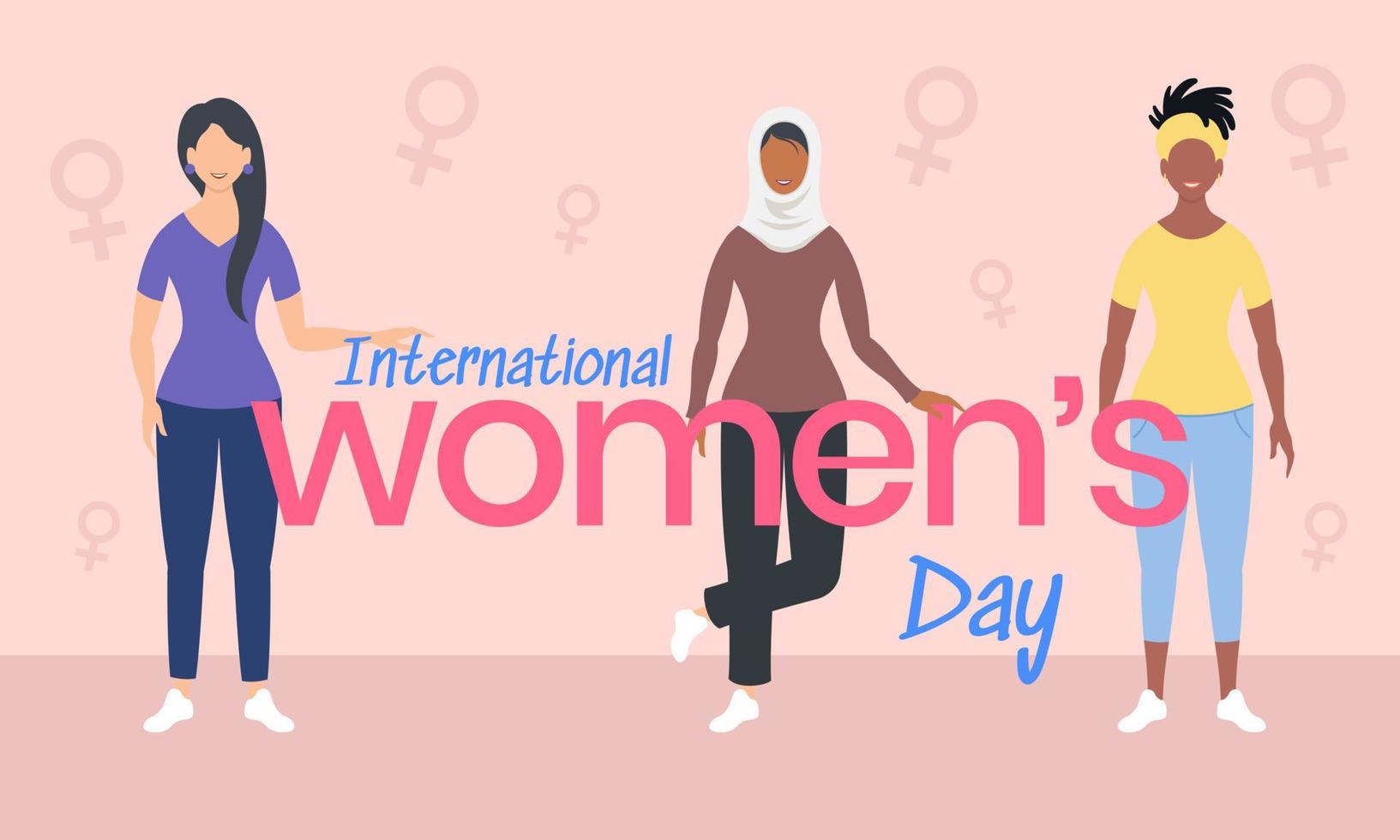 muçulmana, africana, mulher negra celebra, mulheres de diferentes idades e culturas juntas no dia internacional da mulher. vetor
