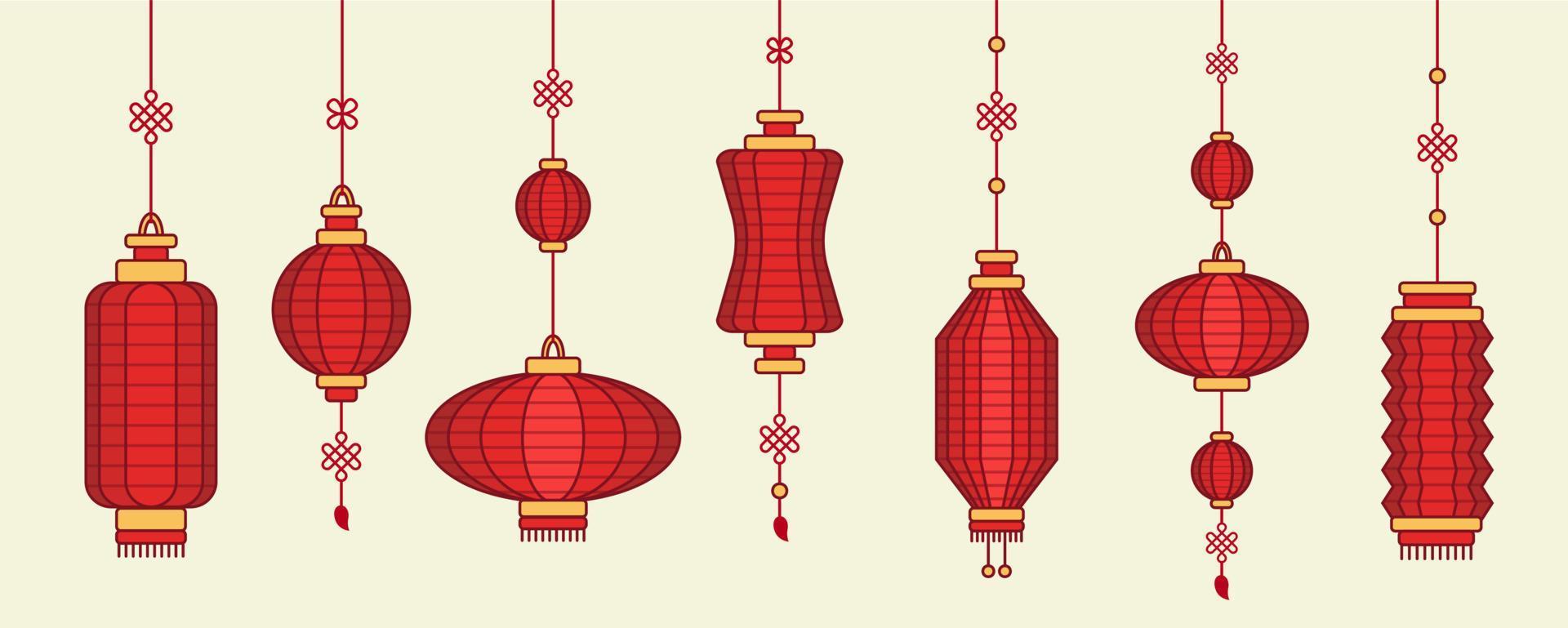 conjunto de sete lanternas chinesas, lanternas de papel vermelho, objetos da cultura oriental, elementos vetoriais, decorações de férias. vetor