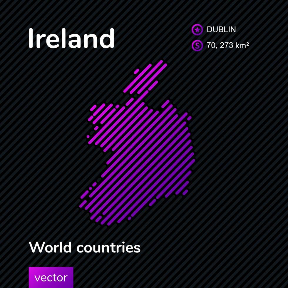 vetor criativo digital néon linha plana arte abstrata mapa simples da irlanda com textura listrada violeta, roxa e rosa em fundo preto. banner educacional, cartaz sobre a irlanda