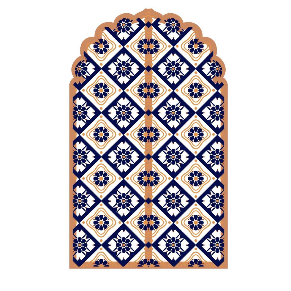 janela ou portão do Islã. quadro decorativo. cúpula de mesquita e lanternas. conjunto vetorial de ornamentos geométricos orientais com grade, malha, círculos, silhuetas de flores. vetor