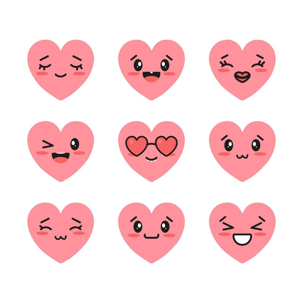 conjunto de corações rosa com emoções positivas kawaii. ícones de corações isolados no fundo branco. ilustração vetorial. vetor