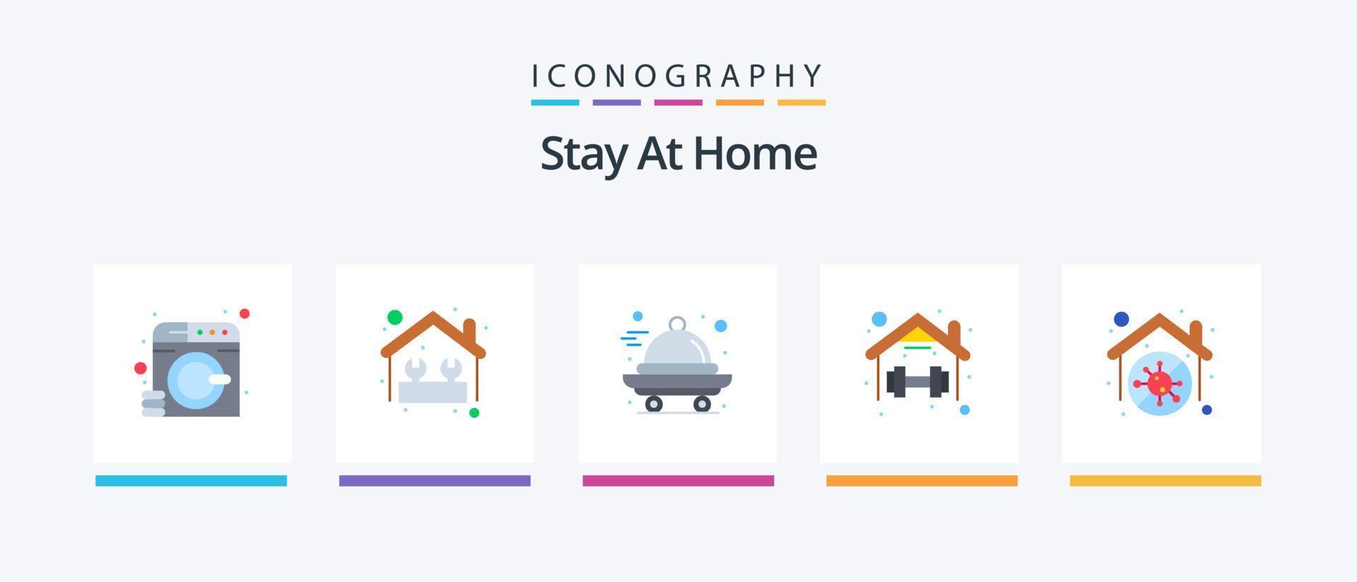 Fique em casa Flat 5 Icon Pack incluindo rotina. casa. trabalhos. exercício. quarentena. design de ícones criativos vetor