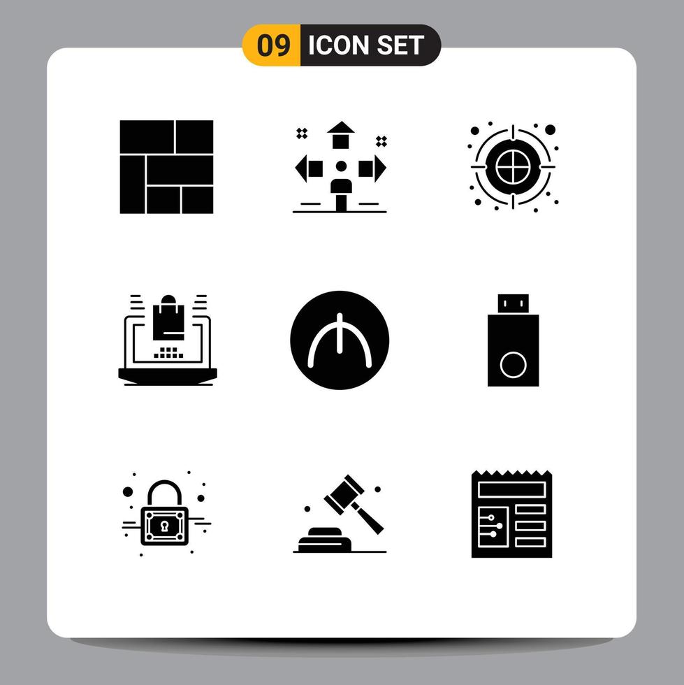 grupo de símbolos de ícones universais de 9 glifos sólidos modernos de moeda, compras, tiro com arco, seta, negócios online, elementos de design de vetores editáveis