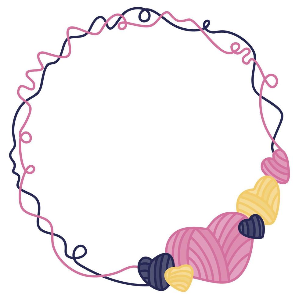 moldura ector feita de fios em forma de coração. fios para tricotar. moldura de cor em um estilo simples. vetor