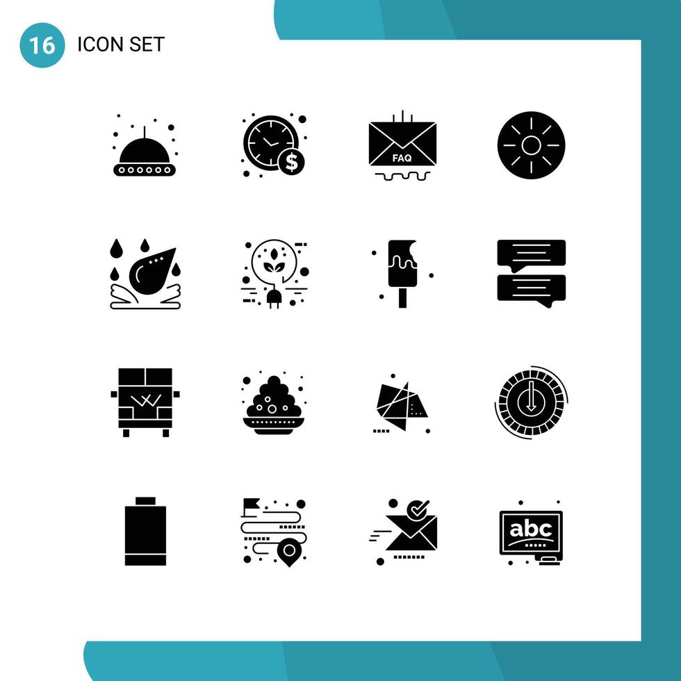 pacote de interface do usuário com 16 glifos sólidos básicos do elemento gota de água e-mail refeição comida elementos de design vetorial editáveis vetor