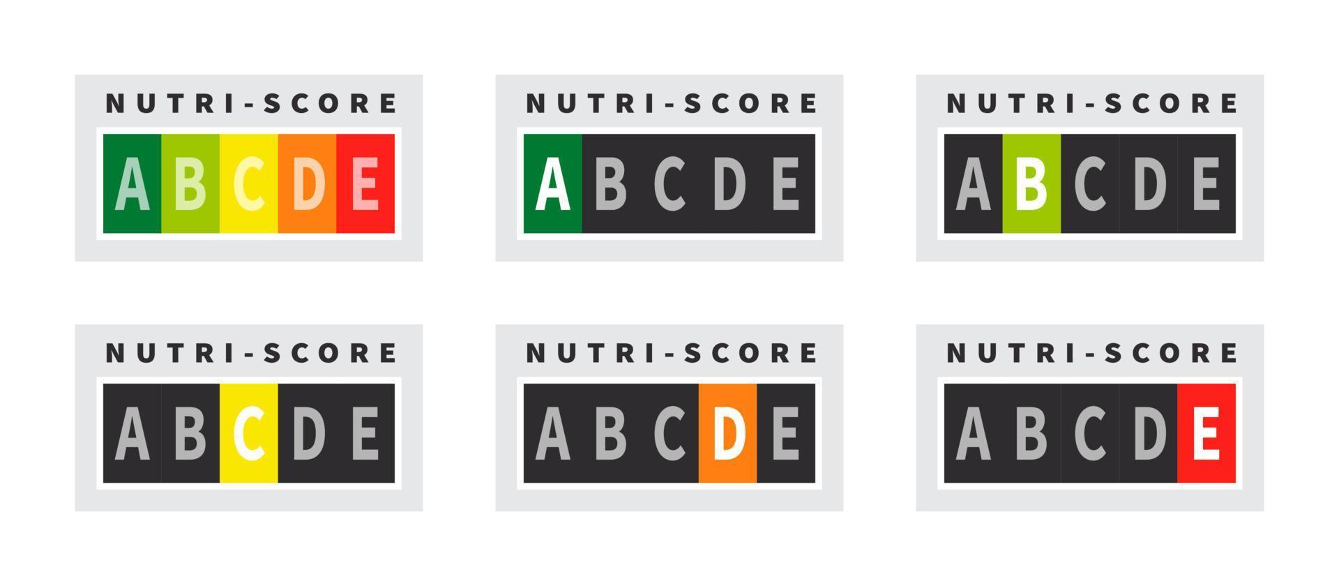 distintivos de pontuação nutricional. indicador de nutrição de cuidados de saúde. adesivos de pontuação nutricional. ilustração vetorial vetor