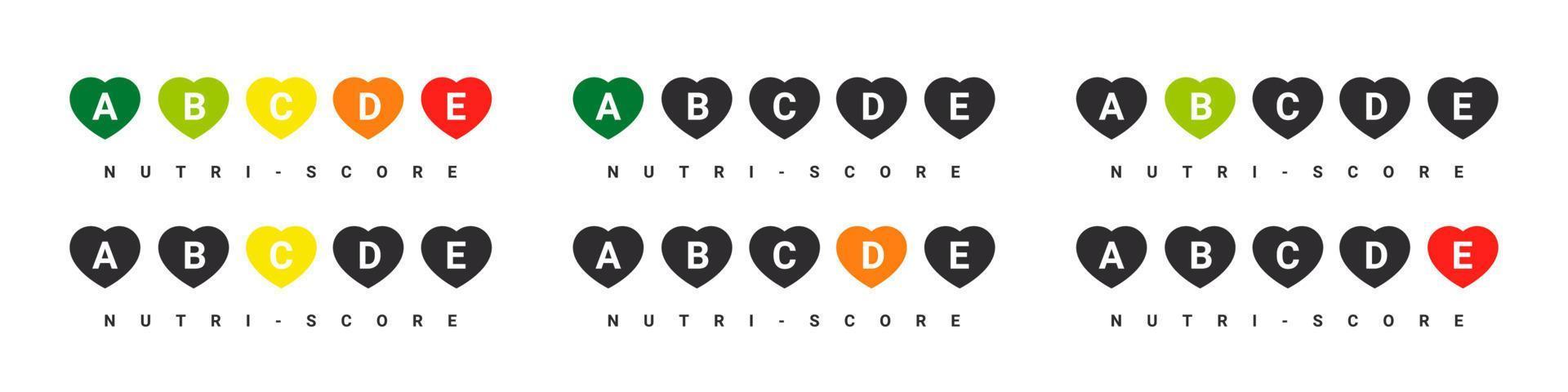 ícones de corações nutri-pontuação. sinais do sistema de classificação de alimentos. indicador de nutrição de cuidados de saúde. adesivos de pontuação nutricional. ilustração vetorial vetor