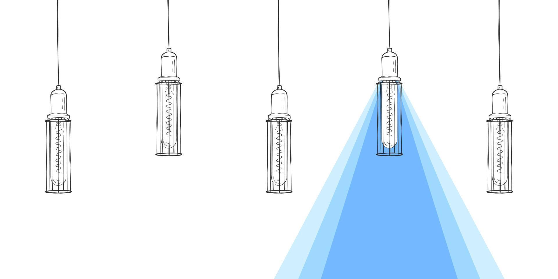 luz da lâmpada retrô. lâmpada retrô desenhada à mão com um feixe de luz. ilustração vetorial vetor