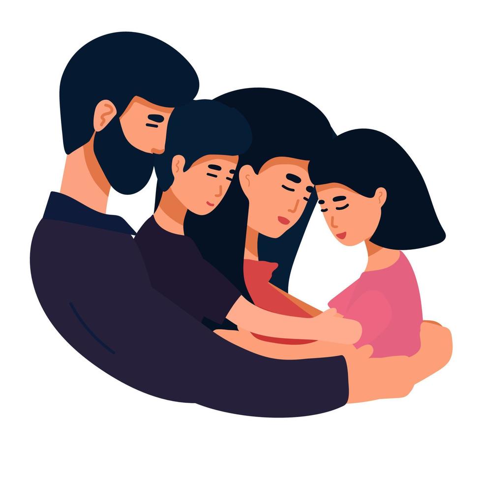 ilustração vetorial de uma família feliz, mãe pai filha filho de mãos dadas e abraços, vetor de família próspera completa