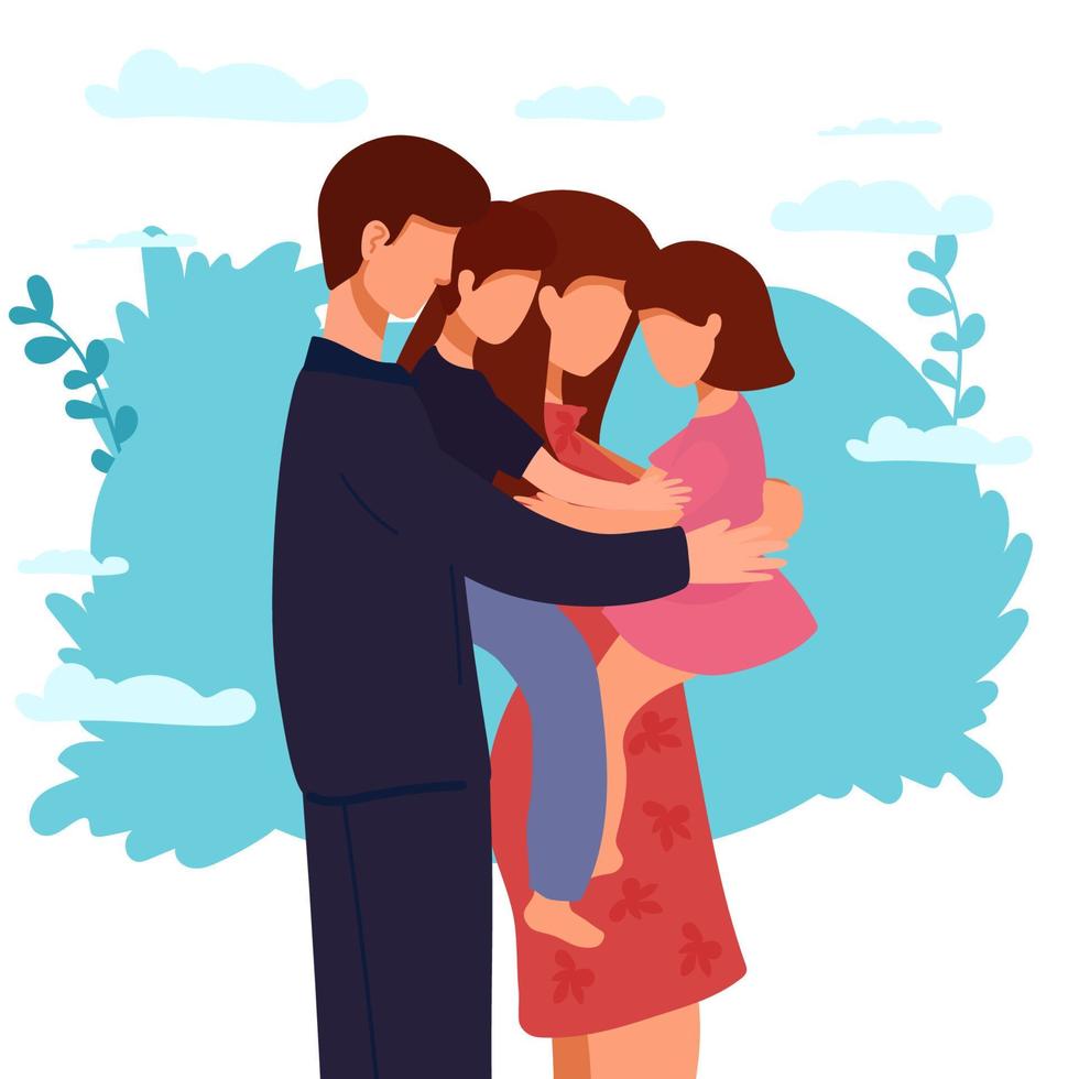 ilustração vetorial de uma família feliz, mãe pai filha filho de mãos dadas e abraços, vetor de família próspera completa