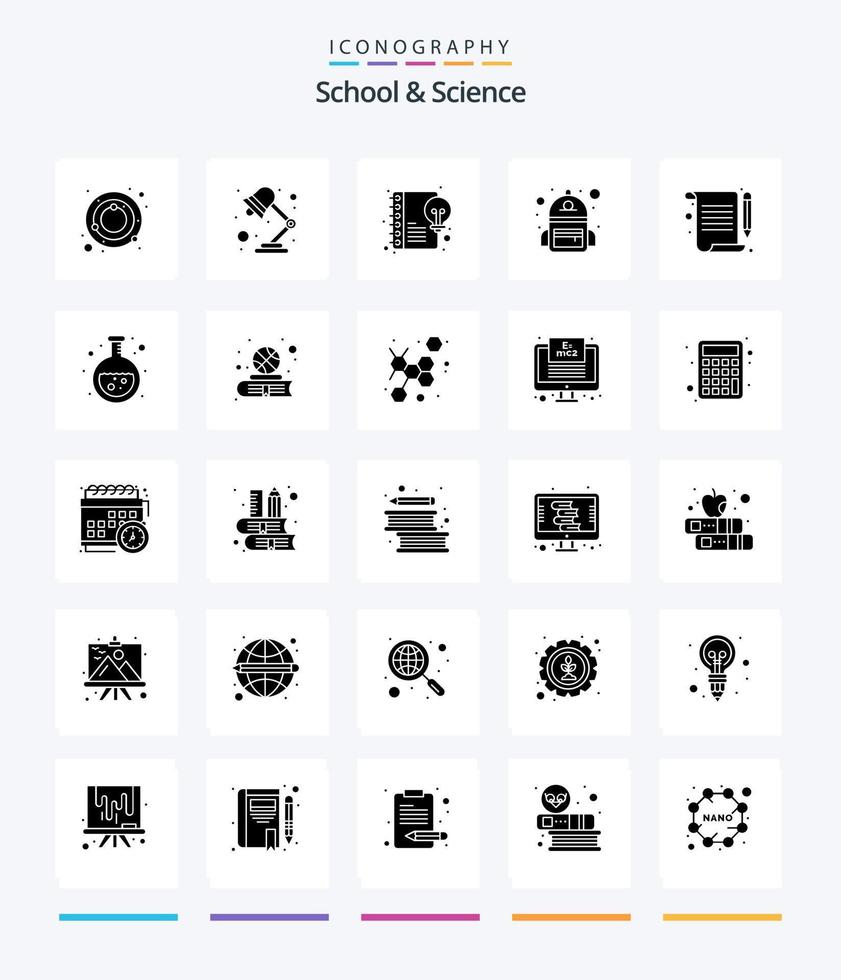 escola criativa e ciência 25 pacote de ícones preto sólido glifo, como notas... conteúdo. aluna. saco vetor