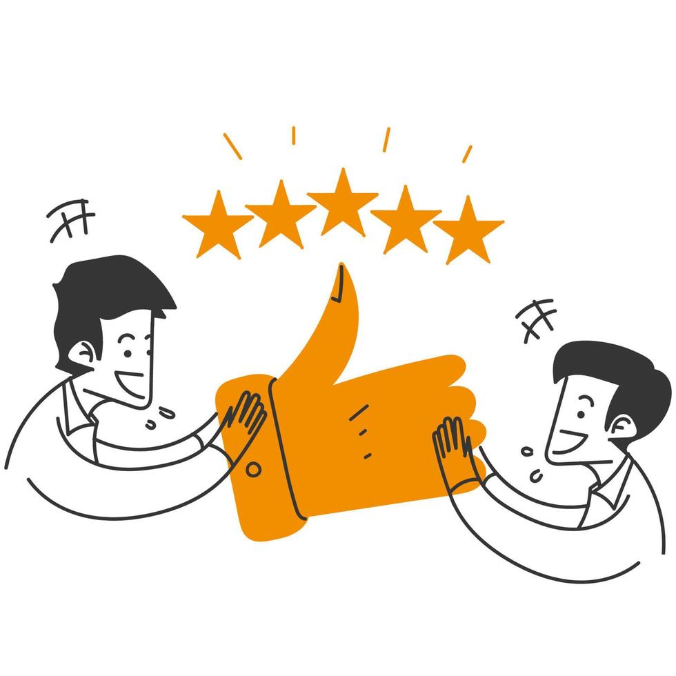 pessoa desenhada de mão segurando como botão de sinal com vetor de ilustração de feedback de estrelas