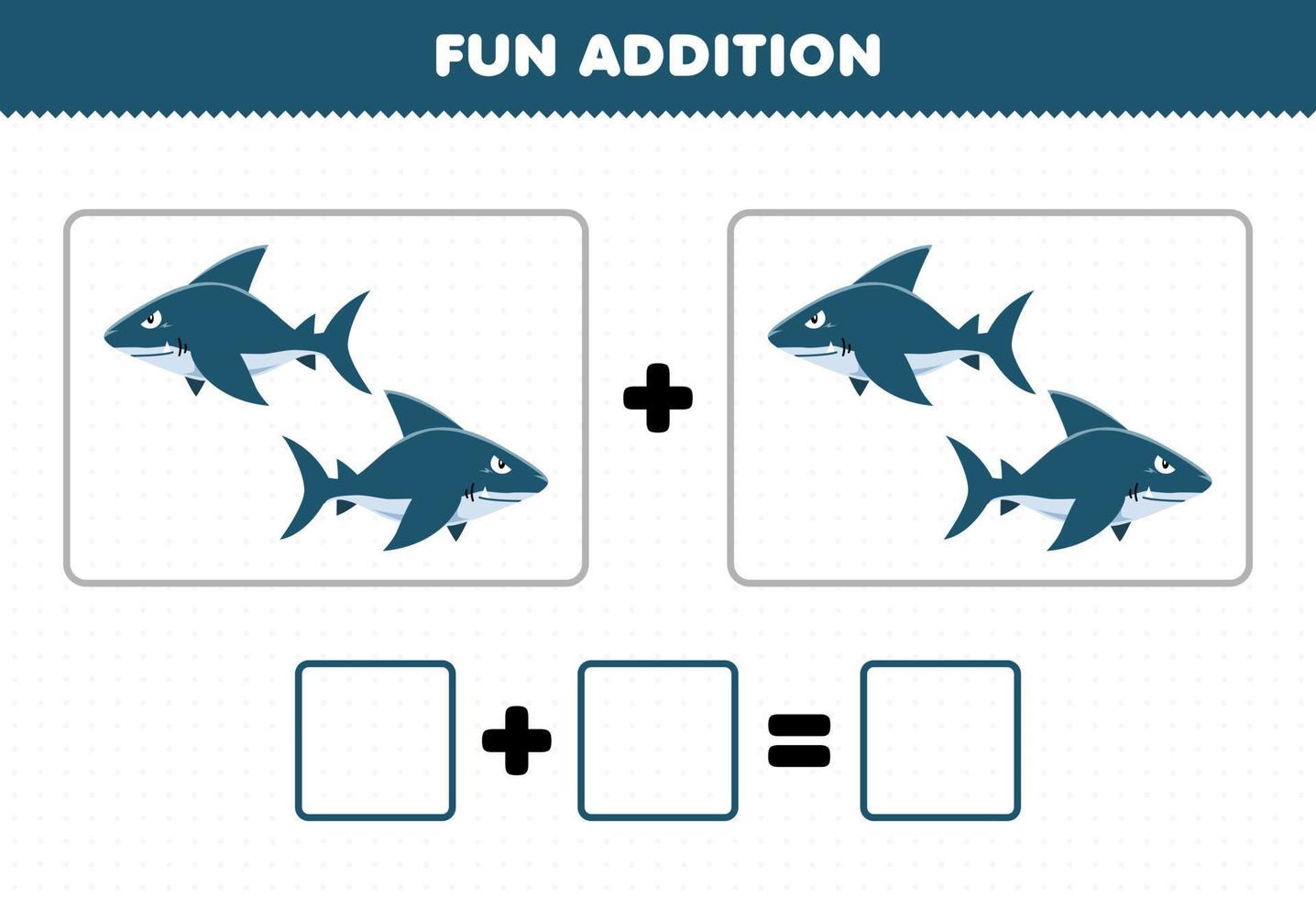 jogo educativo para crianças, adição divertida, contando imagens de tubarão de desenho animado para imprimir planilha subaquática vetor