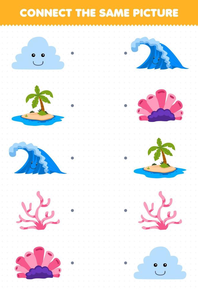 jogo de educação para crianças conecte a mesma imagem da folha de trabalho de natureza imprimível de coral de ilha de nuvem de desenho animado vetor
