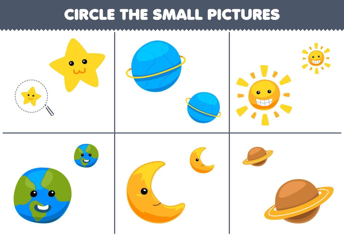 jogo de educação para crianças circule a pequena imagem de uma estrela de desenho animado bonito sol lua terra planeta folha de trabalho de natureza imprimível vetor