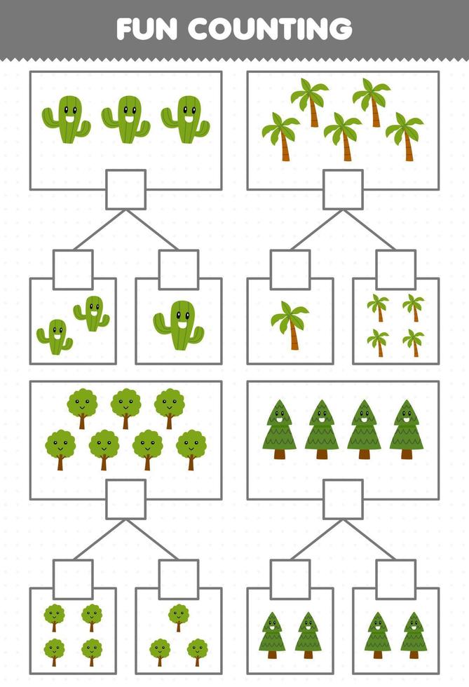 jogo de educação para crianças divertidas contando imagens em cada caixa de folha de trabalho de natureza imprimível de árvore de desenho animado bonito vetor