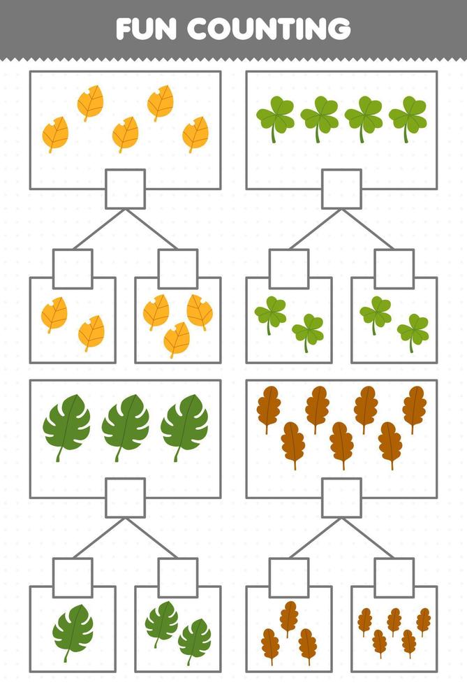 jogo de educação para crianças divertidas contando imagens em cada caixa de folha de desenho animado bonito folha de trabalho de natureza imprimível vetor