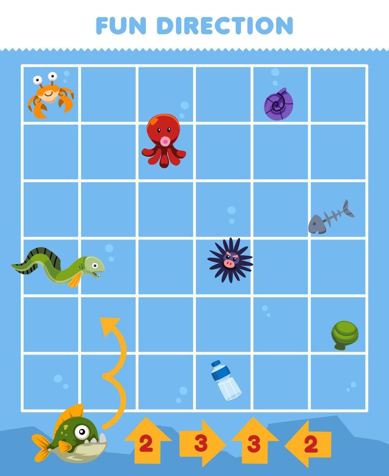 jogo de educação para crianças direção divertida ajuda piranha de desenho animado bonito a se mover de acordo com os números nas setas planilha subaquática imprimível vetor