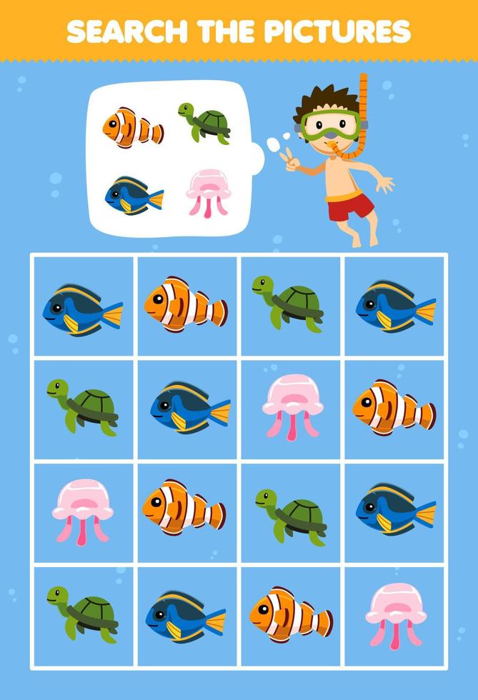jogo de educação para crianças ajuda menino de mergulhador bonito dos desenhos animados quadrado o conjunto de animais correto imagem planilha subaquática imprimível vetor