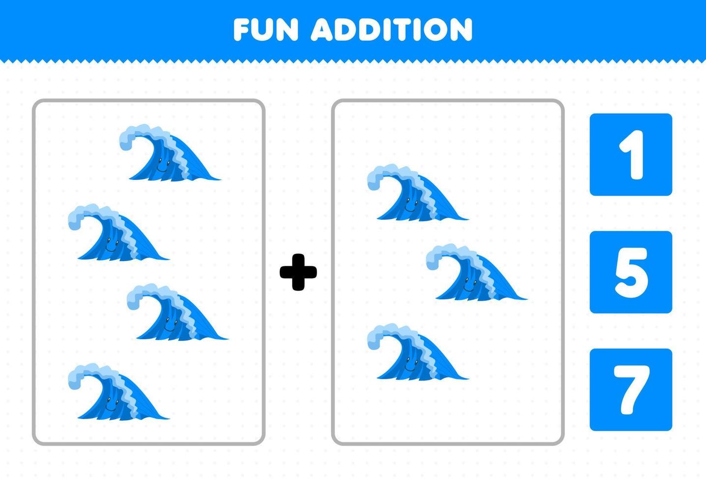 jogo educativo para crianças adição divertida por contagem e escolha a resposta correta da folha de trabalho de natureza imprimível de onda de desenho animado bonito vetor