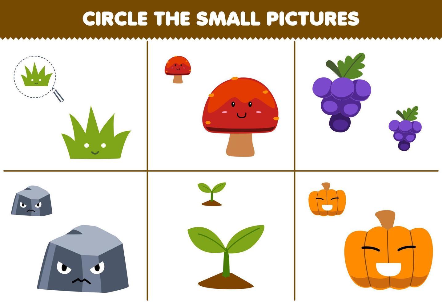 jogo de educação para crianças, circule a pequena imagem de desenho bonito, semente de grama, cogumelo, pedra, uva, abóbora, planilha de natureza imprimível vetor