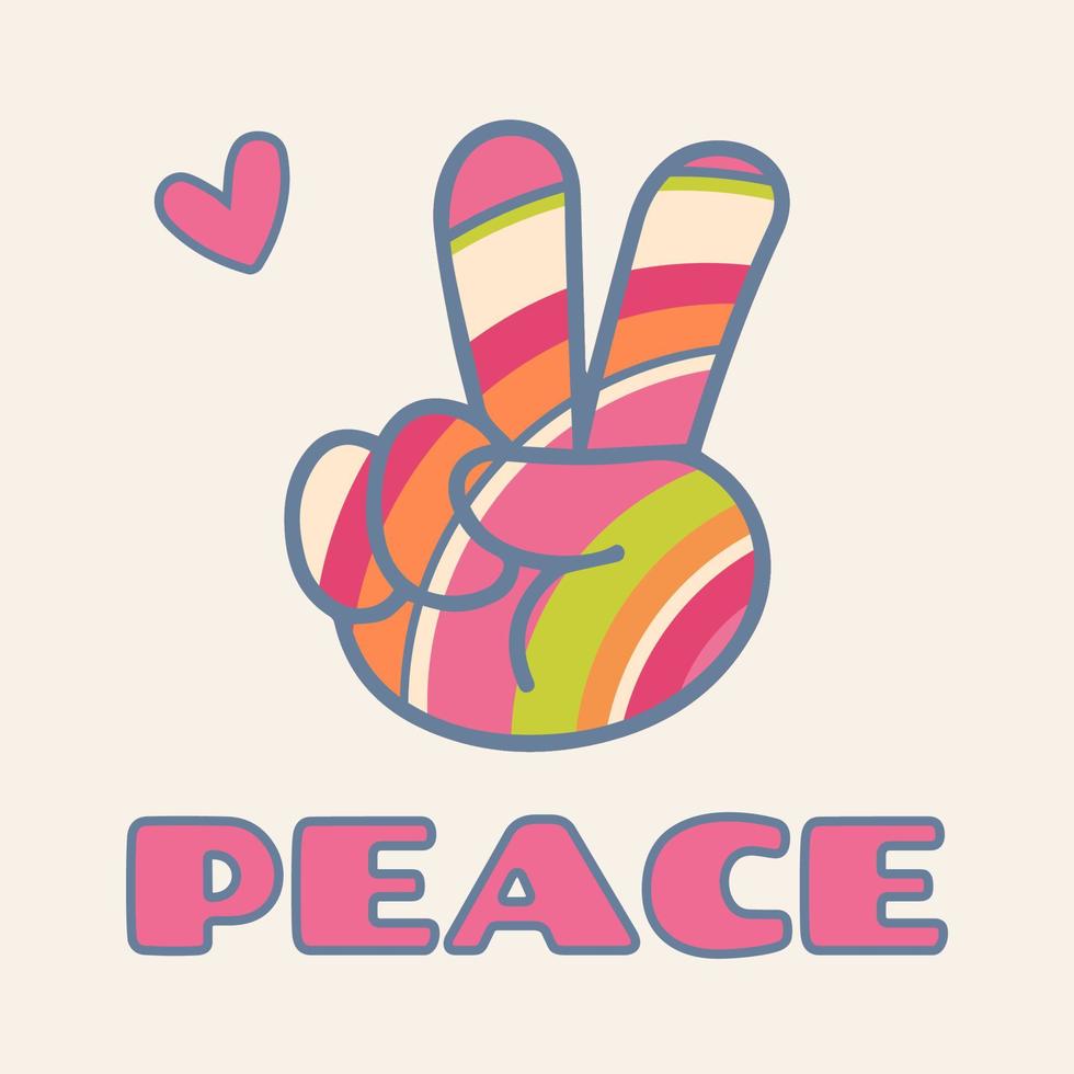 ícone, adesivo no estilo hippie com sinal floral em v nas cores do arco-íris e paz de texto em um fundo bege vetor
