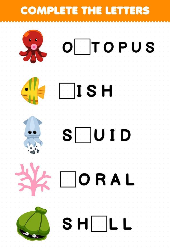 jogo de educação para crianças complete as letras de desenho animado bonito polvo peixe lula concha de coral planilha subaquática imprimível vetor