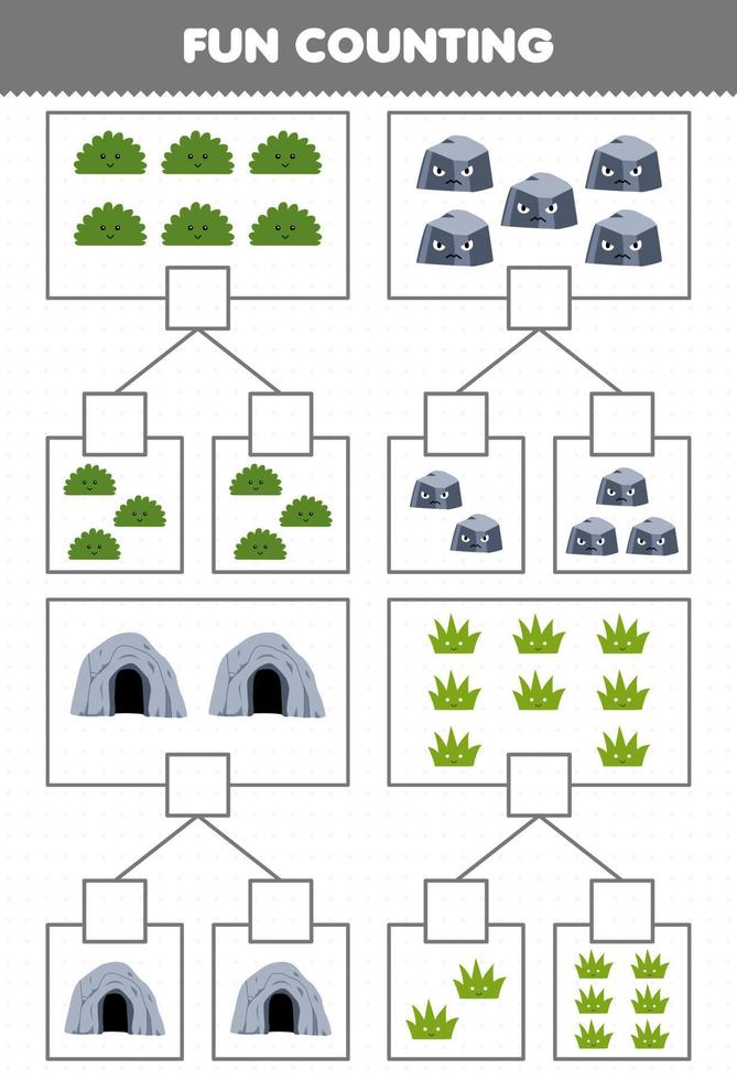 jogo de educação para crianças divertidas contando imagens em cada caixa de desenho bonito arbusto de pedra caverna grama planilha de natureza imprimível vetor