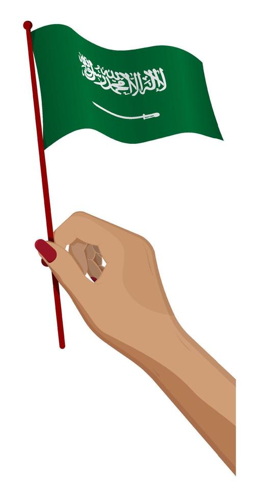 a mão feminina segura suavemente a pequena bandeira do reino da arábia saudita. elemento de design de férias. vetor de desenho animado em fundo branco