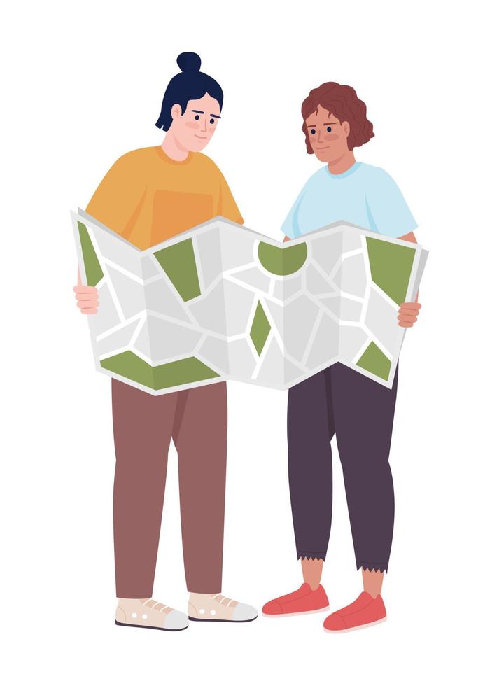 casal planejando personagens de vetores de cores semi planas de viagem. figura editável. pessoas de corpo inteiro em branco. escolhendo a rota no mapa ilustração simples do estilo cartoon para web design gráfico e animação